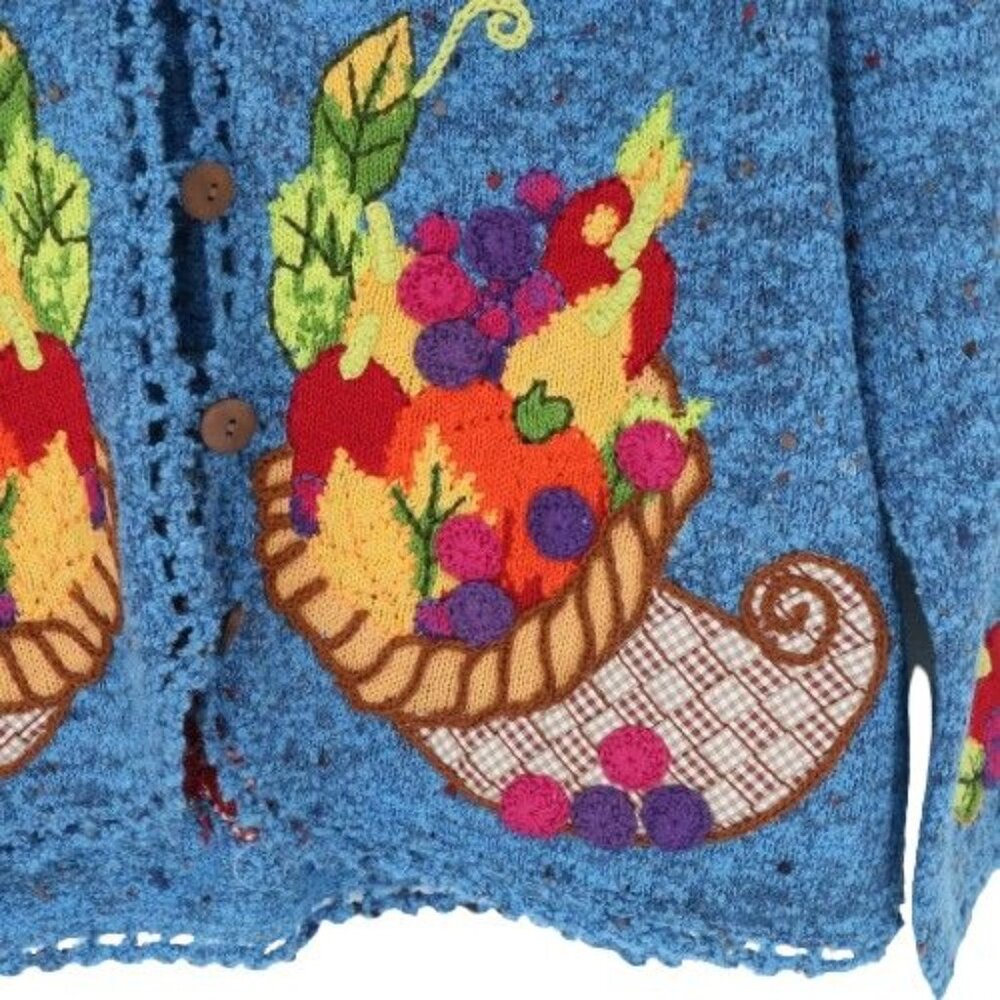 New Design Options Fall Thanksgiving Cornucopia Blue Cardigan Sweater M - Picture 2 of 5
